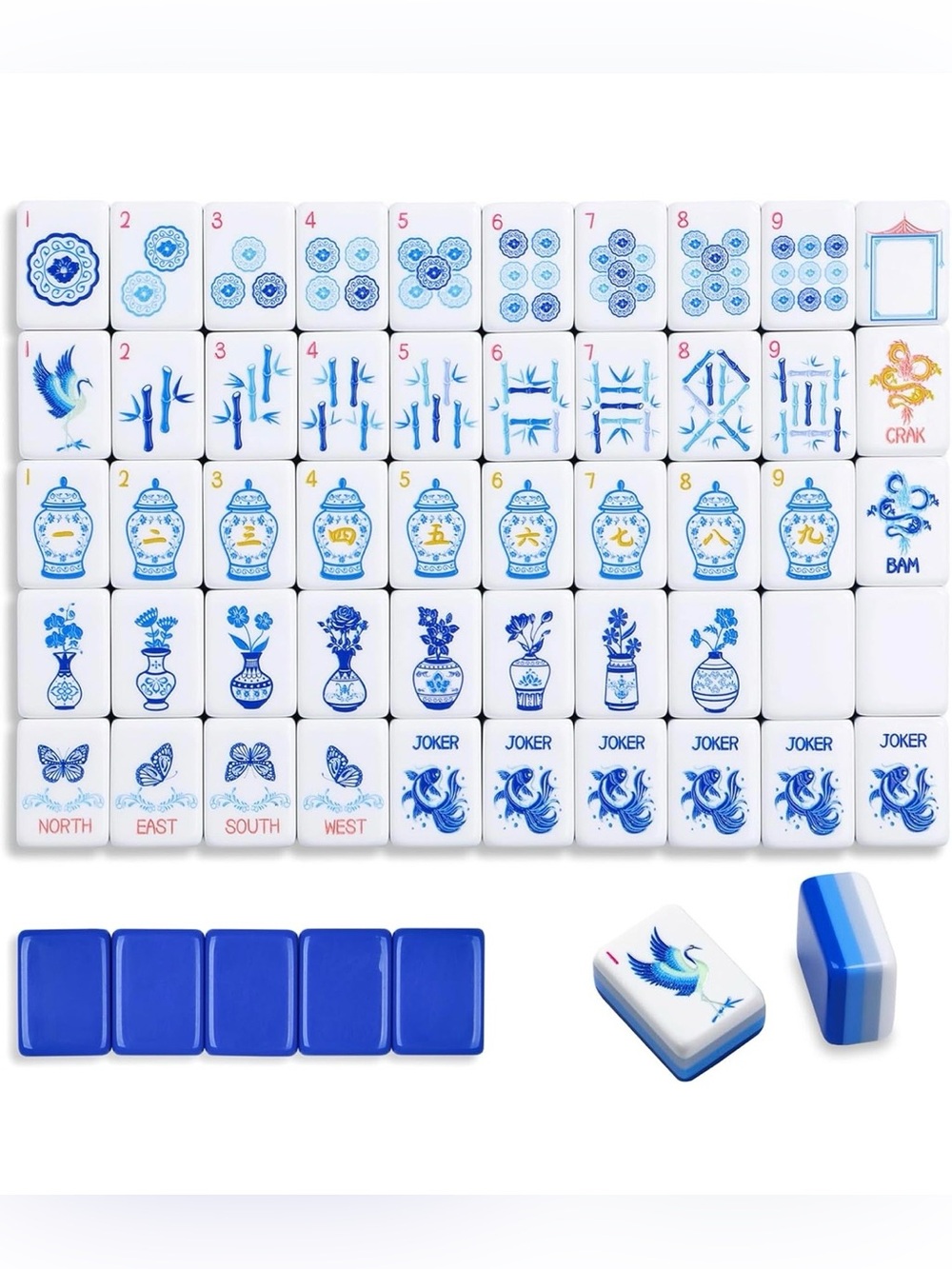 166-Piece Blue & White Mahjong Tile Set, Mahjong Mat and Matching tile bag - Picture 3 of 9